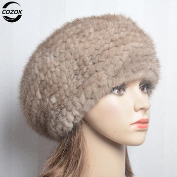 Дамски шапки от естествена кожа на норка за зимата, модни барети от естествена кожа със кристали, топли дамски кожени шапки