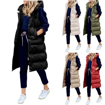Дамско дълго зимно палто, жилетка с качулка, без ръкави, топло пуховое палто с джобове, ватиран елек, пуховик, стеганая яке за улицата