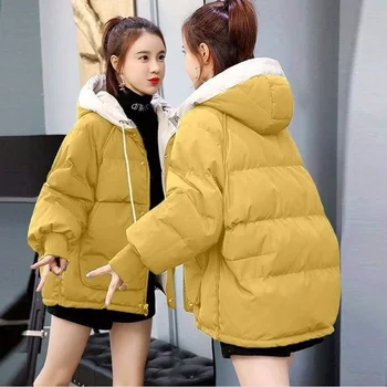 Дамско зимно яке с качулка, късо памучно палто, сохраняющее топлина, приталенная корейската мода големи размери, свободна дамско зимно яке, обзаведен