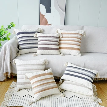 Двуцветен шарени тъкани калъф за възглавница от памук и лен, оцветени плетене на една кука, калъфки за възглавници от плат, декоративни калъфки за домашен интериор 50X50 Калъфка