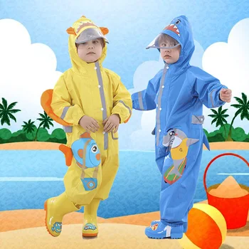 Детски водоустойчив гащеризон за деца 1-10 години, дъждобран с качулка, детска едно парче костюм с анимационни рибата, детски водоустойчиви комплекти