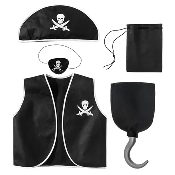 Детски костюм на пират, черна жилетка с козирка за очи, шапка с пиратски и чанта на една кука, комплект за бебешко парти в стил Хелоуин за момчета, облекло за cosplay