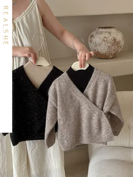 Детски пуловер, жилетка за момичета, детски вязаный пуловер, палто 2023, есенни ежедневни блузи с преминаването яка и дълъг ръкав