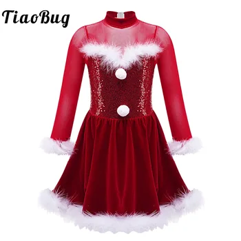 Детски рокли-поличка с лъскави пайети за момичета на Коледа, костюм за cosplay, Дядо Коледа, Снежен човек, балетна танцова облекло с дълги ръкави и пухкави пера