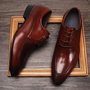 Дизайнерски мъжки ежедневни модела обувки, Луксозни мъжки оксфордские обувки Автентични от естествена кожа, Елегантни кафяви официални сватбени обувки дантела мъжки