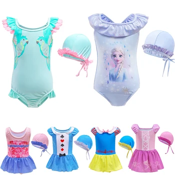 Дисни 2023, Летен Комплект на бански костюми За Малките Момичета, Елза Рапунцел, Снежанка, Русалка, едно Парче Бански + Шапка За плуване, Костюм от две части
