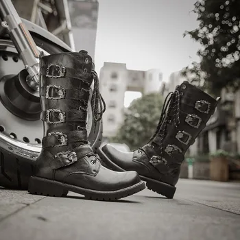 Дънкови обувки, реколта мотоциклетни ботуши, ботуши в стил уестърн, мъжки престрелки обувки в стил пънк, улични армейските обувки-дезерты от изкуствена кожа с шнур и катарама до средата на прасците
