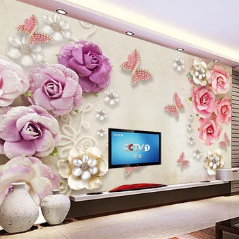 Европейският стил на стерео 3D релеф на бижута, Цветя, пеперуди на Снимка тапети, Хол с телевизор, разтегателен Фон стенописи Начало декор 3D