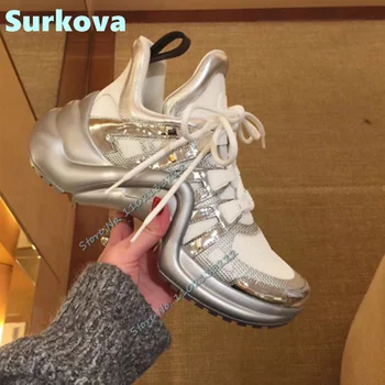 Ежедневни дамски маратонки дантела, боядисана удобни обувки от окото на материала на дебела подметка, ново записване, универсална спортни обувки за подиум