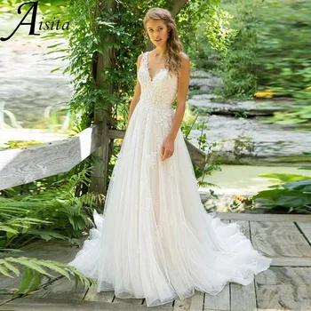 Елегантна сватбена рокля на тънки спагети презрамки с кружевными апликации, V-образно деколте, уникални сватбени рокли с отворен гръб, струята, Vestidos De Новия