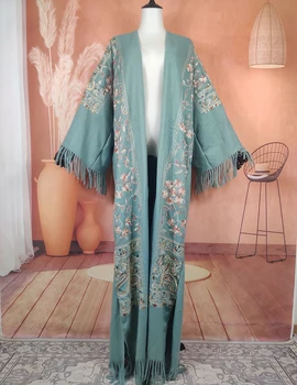 Есен-зима, африкански женски кашмир дълги кимоно с пера, богемное европейското женско топло палто-пыльник