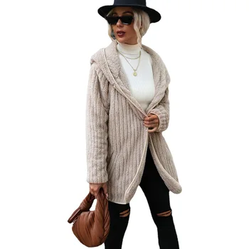 Жена без раираната жилетка с дълги ръкави и качулка, двупосочен плюшена жилетка, дамско палто