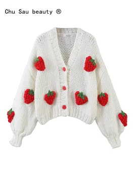 Жена вязаный жилетка 2022, есен-зима, ново улично украса под формата на ягоди, ръчно изработени, свободен пуловер с ръкави-фенерче, палта, жена