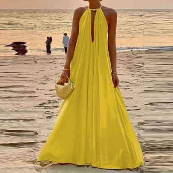 Жена однотонное пряко свободно рокля на спагети презрамки, модерно френско Макси рокля с прости темперамент, елегантна плажна рокля в стил бохо с дълбоко V-образно деколте