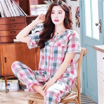 Жена пижамный комплект от чист памук - Тъкани за комфорт и стил, идеален за пролетта и есента, Млад и модерен, висококачествен Домашен