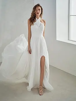 Жена плажна дълго шифоновое сватбена рокля с цепка а-силует и ниска облегалка за булка, сватбената рокля на спагети презрамки