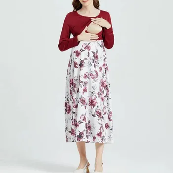 Жена шарени дрехи за бременни с къс ръкав с дължина до коляното, Ежедневни облекла за бременни, свободно лятна рокля за хранене на бременни с принтом