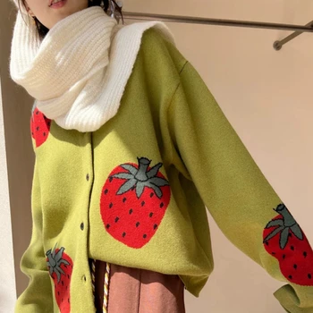 Жена ягодово жаккардовый пуловер с V-образно деколте, жилетка, новост 2023 г., женски сладък случайни свободен однобортный вълнен трикотаж