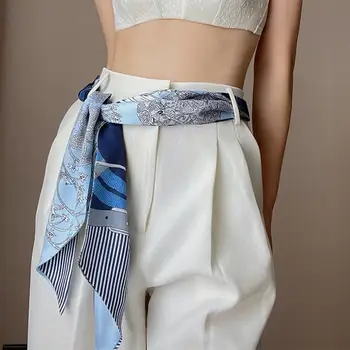 Женски шал за коса, елегантен дълъг шал от изкуствена коприна с принтом, сатен лента за украса на чанти, декоративен блестящ носна кърпичка