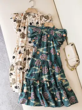 Женствена рокля миди от 100% памук с набори около врата и папийонка, къс ръкав, цветен принт, midi-рокля от 100% памук