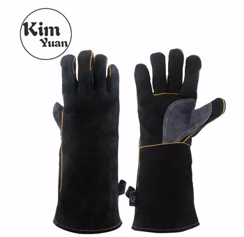 Заваръчни ръкавици KIMYUAN 016/017L Топлоустойчиви, Идеални за готвене / печене/Камина/ за Обработка на животни/ барбекю -Черно и Сиво 14/16 см