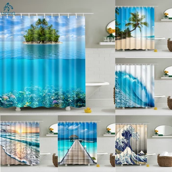 Завеса от морска вълна, кокосови палми, завеси за баня, водоустойчив завеса за баня от полиестер с куки