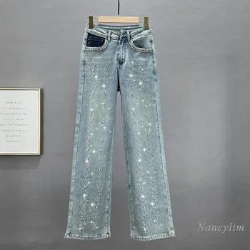 Заредете дънки за жени 2023, модерни нови летни есенни панталони с висока талия, свободни и утягивающие, с вградени диаманти, дънкови панталони