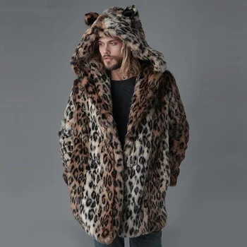 Зимно топло яке с леопардовым принтом, дълго кожа палто с качулка, мъжки топло палто