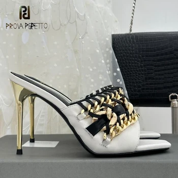 Златна метална верига, дамски летни сандали на метален ток, Пикантен дамски джапанки за партита в стил пънк, луксозна дизайнерска лъскави обувки