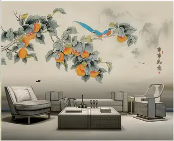 Изработена по поръчка стенопис 3d на стената в китайски стил, пъстри цветя и птици, начало декор, фотообои в хола
