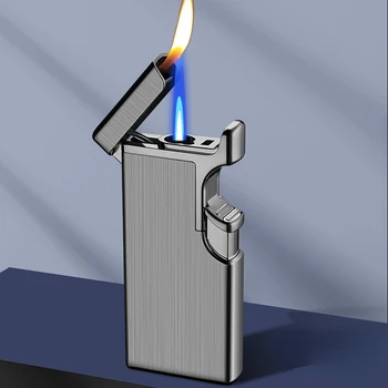 Индивидуална метална ветрозащитная запалка с двоен огън, надуваем бутановый газ, креативни аксесоари за цигари на открито, необичайни запалки