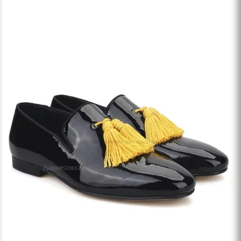 Интериор под формата на жълти кисточек, черни лоферы от лачена кожа, модни удобни мъжки обувки, без съединителни ръчна изработка, нови мъжки модел обувки с ниски берцем