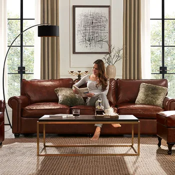 Италианска кожена мебел, мека дизайн за възрастни, Ретро удобен триместен диван, дълъг диван за хол, салон канапета, мебели за дома