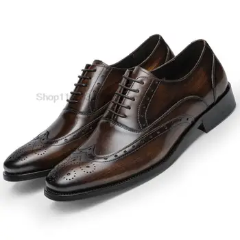 Италиански мъжки oxfords ръчно изработени от естествена телешка кожа, черен, кафяв цвят, класически мъжки бизнес сватбени модела обувки с перфорации тип 