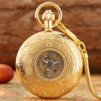 Класически джобен часовник с римски цифри, автоматични механични часовници с окачване, колие, женски висококачествени релефни златни медна обвивка