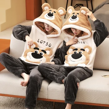 Комплект пижам за двойки, дамски мъжки утепленная пижами, зимна топла пижама с аниме мечка, корейската свободна домашно облекло за влюбени, пижамный костюм