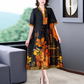 Копринените ежедневна дълга рокля с къс ръкав и принтом, дамско луксозно елегантна рокля със свободна талия, лятото на корейското красива вечерна рокля