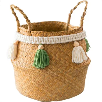 Кошница за съхранение на водорасли, сгъваема саксия, сламена кошница от ракита, ратанови кошница за дрехи, украса за дома градина
