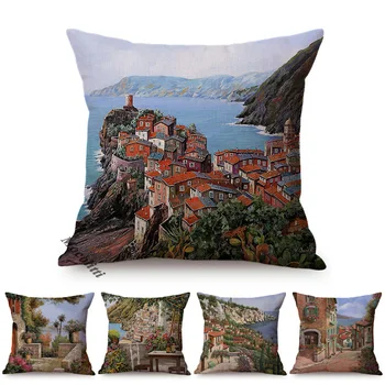 Красив средиземноморски пейзаж, маслени бои, декоративна калъфка за дивана, калъф за възглавница, ретро селски пейзаж, калъф за възглавница
