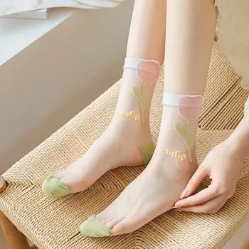 Кристални Тънки Копринени Дишащи Ластични Чорапи Дамски Летни Дълги Прозрачни Чорапи Harajuku С Цветен Модел, Красиви Дантелени