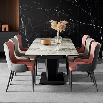 Кухненска маса от лъскава каменна дъски Модерен минималистичен Лесен Луксозен правоъгълен удължен сгъваема маса за хранене и комбинация от стола