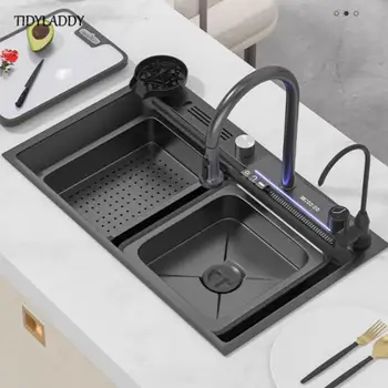 Кухненска мивка от неръждаема стомана 304, черна мивка с водопад, Нано-голямата единична купа с многофункционален водопадным кран