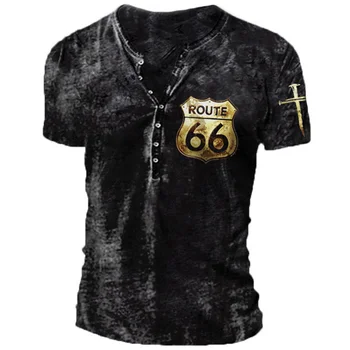 Къса риза SlVintage Route 66 с 3d Мъжки V-образно деколте и копчета eeve с Разпятието, Негабаритная Тениска, за Мъже Имитация на Памук, Градинска Облекло в стил Пънк