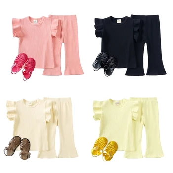 Летен комплект дрехи за момичета, модна тениска с къси ръкави и изгорени панталони