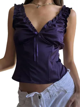 Летни дамски блузи на райета с изрезки - естетичен жилетка на бретелях без ръкави за улична мода