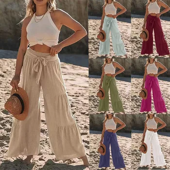 Летни дамски модни нагънат широки панталони с инкрустации дантела и висока засаждане, ежедневни обикновена свободни панталони