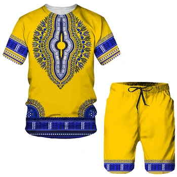 Летни мъжки комплекти тениски в Африканския стил с 3D Принтом, Ежедневни Тениска с кръгло деколте, къси Панталони, Комплект от две части, Тенденция Мъжки Дрехи, Спортно облекло, Комплект