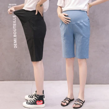 Летни памучни къси панталони за бременни с корем, панталони за бременни, къси панталони за бременни, регулируем облекло за корема в корейски стил