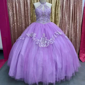 Лилавата буйни рокли 2021, дантелени апликации от бретелях, без ръкави, бродирани с пайети, мъниста, тюлевое вечерна рокля на принцеса, уважаеми 15 бална рокля с деколте