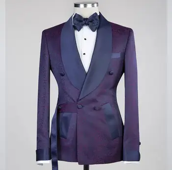Лилаво жаккардовый мъжки костюм, едно парче блейзър, смокинг, сатен яке с ревера на един бутон, бизнес модерен сватбен костюм на младоженеца, изработена по поръчка